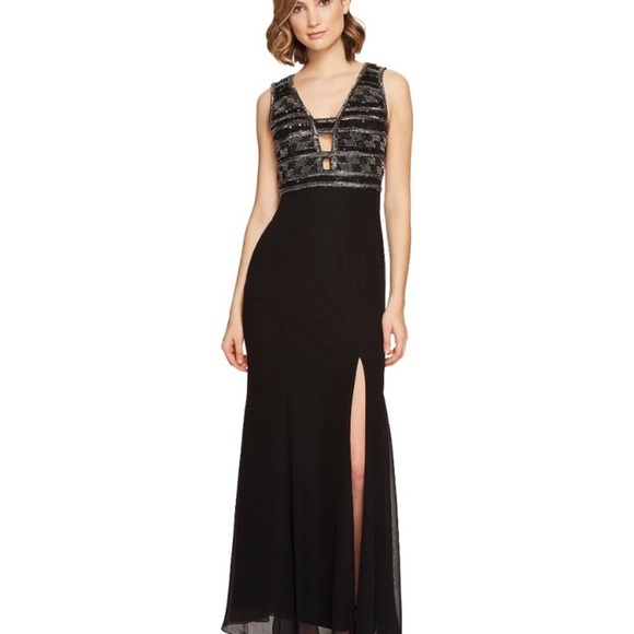 Adrianna Papell - Sequined Cutout Bodice High Slit Maxi Dress - Picture 2 of 16